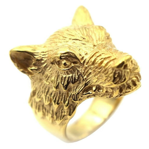 PAMTIER Men's Stainless Steel Vintage Domineering Gothic Punk Tribe Gold Wolf Head Biker Ring Werewolf Leader Forest King Wolf Totem Size 10