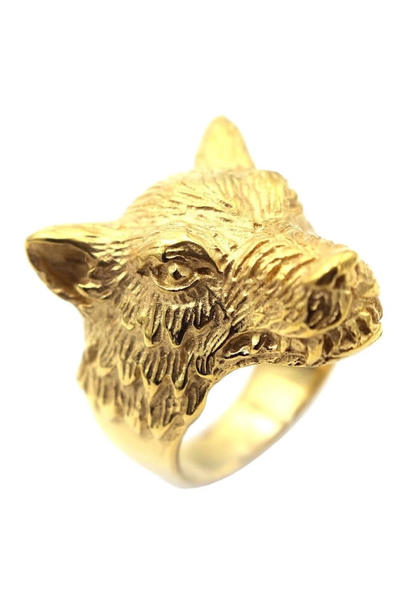 Men's Stainless Steel Vintage Domineering Gothic Punk Tribe Gold Wolf Head Biker Ring Werewolf Leader Forest King Wolf Totem Size 8
