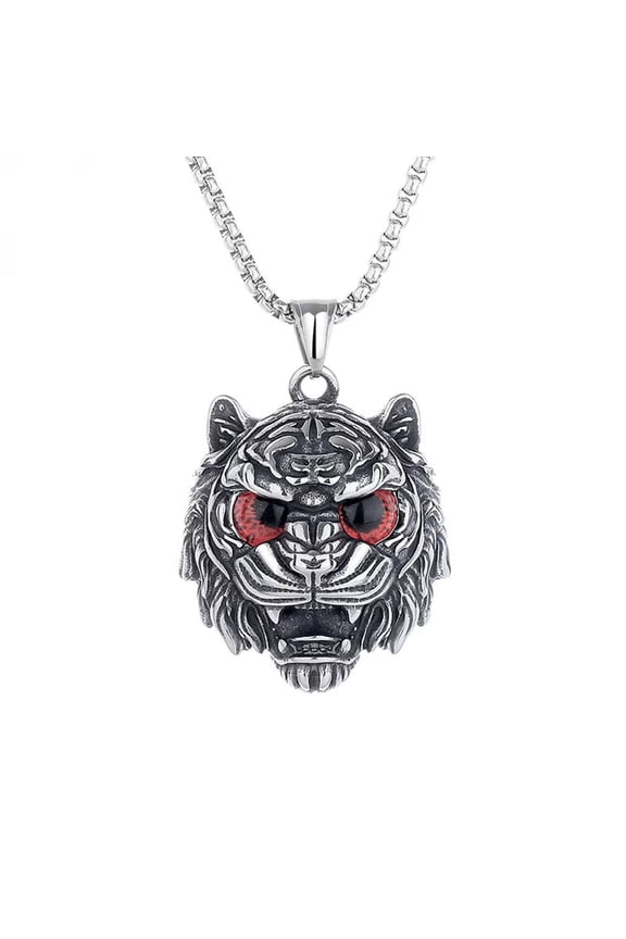 Men's Stainless Steel Vintage Domineering Hip Hop Animal Roaring Tiger Head with Devil Bloody Eye Gemstone Amulet Pendant Necklace Red