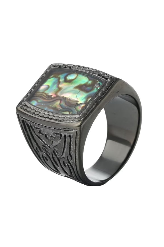 Men's Stainless Steel Vintage Domineering Hip Hop Large Chunky Special Flower Carved Square Abalone Shells Biker Ring Black Size 9