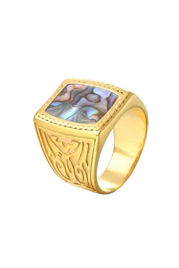 Men's Stainless Steel Vintage Domineering Hip Hop Large Chunky Special Flower Carved Square Abalone Shells Biker Ring Gold Size 8