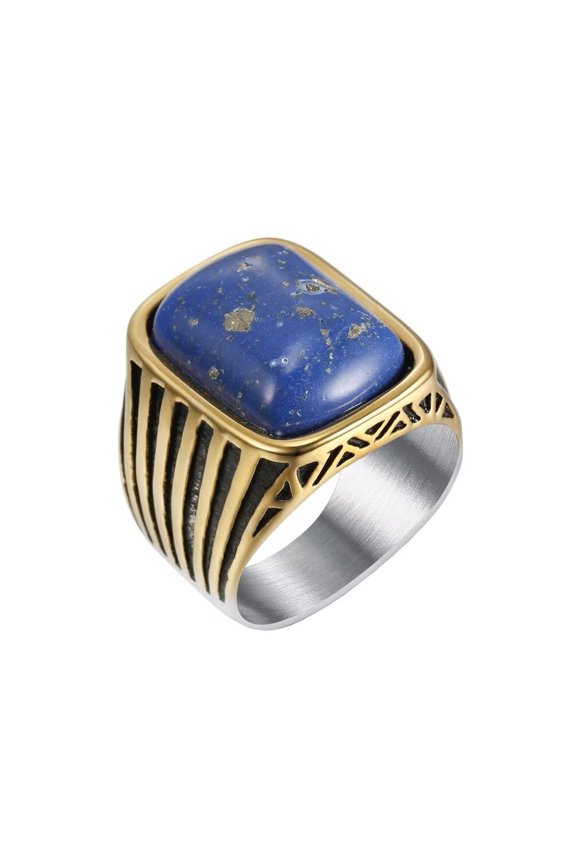 Men's Stainless Steel Vintage Domineering Hip Hop Square Cut Blue Synthetic Turquoise Gemstone Biker Ring Statement Wedding Band Size 12