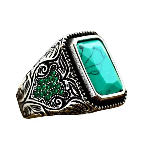 PAMTIER Men's Stainless Steel Vintage Domineering Punk Square Cut Green Synthetic Turquoise Gemstone Special Flower Pattern Inlay Biker Ring Size 7