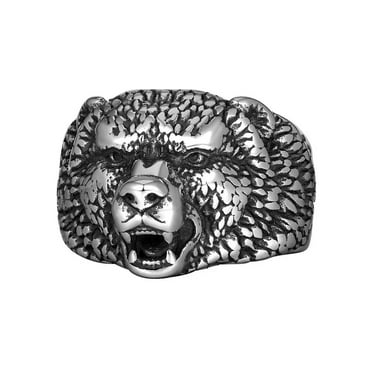 PAMTIER Men's Stainless Steel Vintage Domineering Rock Tribal Animal Wolf Biker Ring Personality Roaring Gothic Punk Statement Band Silver Size 7