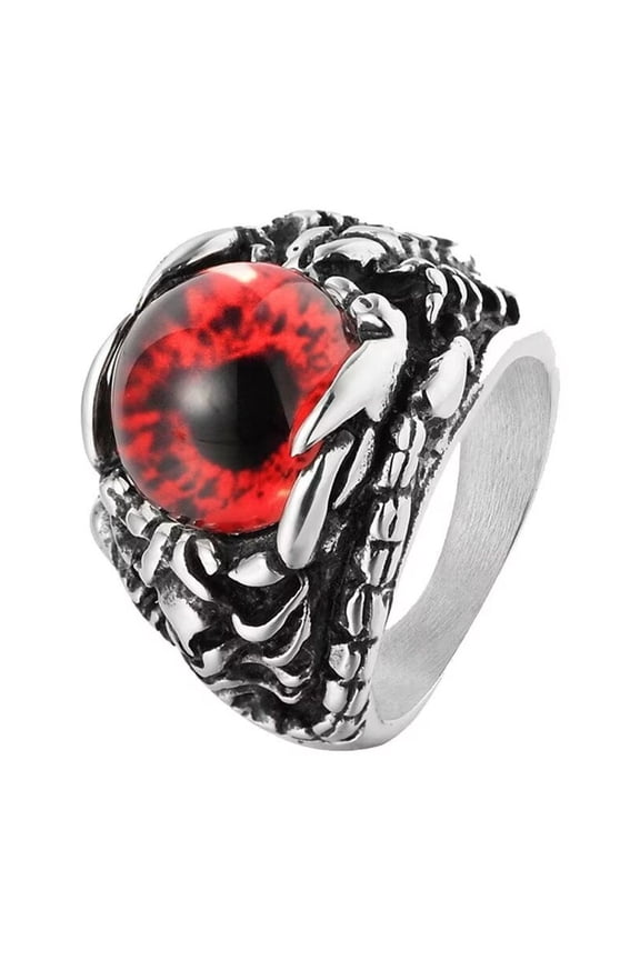Men's Stainless Steel Vintage Dragon Claw Evil Devil Bloody Red Eye Oval Gemstone Biker Ring Scorpion Pattern Carved Silver Size 11