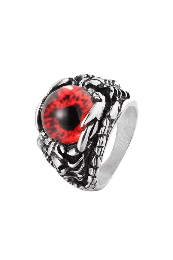 Men's Stainless Steel Vintage Dragon Claw Evil Devil Bloody Red Eye Oval Gemstone Biker Ring Scorpion Pattern Carved Silver Size 12