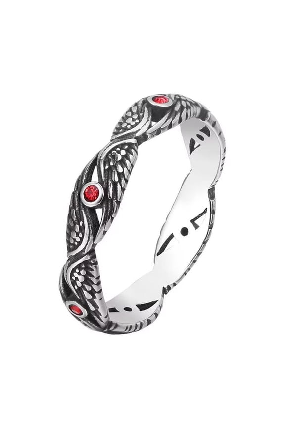 Men's Stainless Steel Vintage Feather Leaf Wrap Biker Ring Red Cubic Zirconia Inlay Punk Style Angel Wing Statement Wedding Band Size 11
