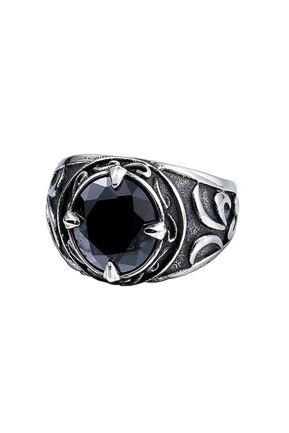 Men's Stainless Steel Vintage Gothic Punk Dragon Claw Gemstone Signet Biker Ring Flower Pattern Carved Statement Wedding Bands Black Size 12