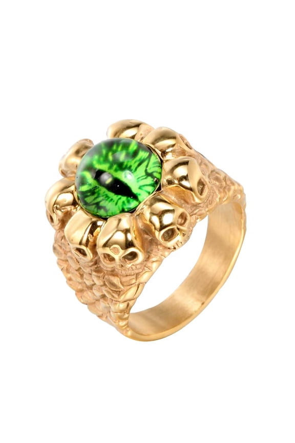 Men's Stainless Steel Vintage Gothic Punk Ghost Skull Head Evil Bloody Green Eye Biker Ring with CZ Demon Hell Skeleton Gold Size 13