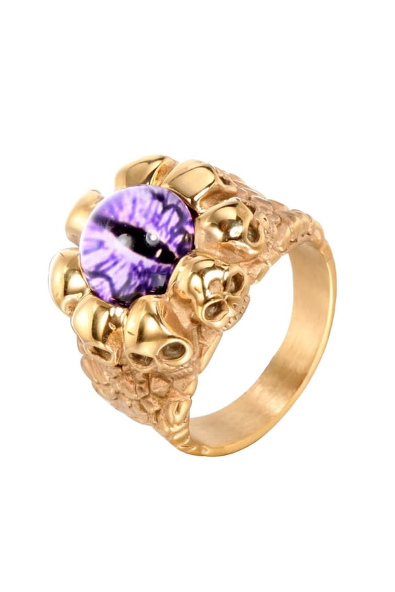 Men's Stainless Steel Vintage Gothic Punk Ghost Skull Head Evil Bloody Purple Eye Biker Ring with CZ Demon Hell Skeleton Gold Size 7