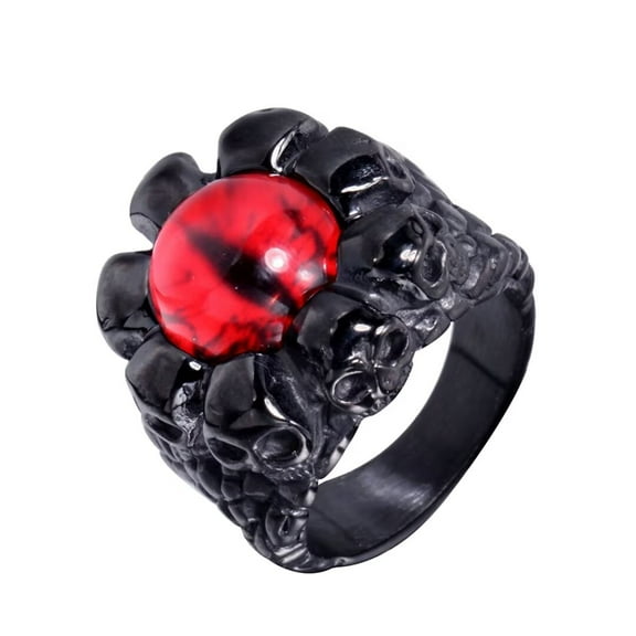 PAMTIER Men's Stainless Steel Vintage Gothic Punk Ghost Skull Head Evil Bloody Red Eye Biker Ring with CZ Demon Hell Skeleton Black Size 7