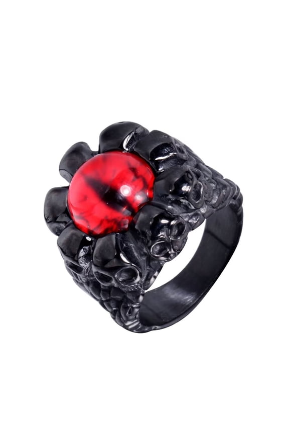 Men's Stainless Steel Vintage Gothic Punk Ghost Skull Head Evil Bloody Red Eye Biker Ring with CZ Demon Hell Skeleton Black Size 8
