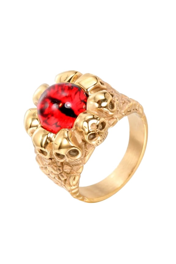 Men's Stainless Steel Vintage Gothic Punk Ghost Skull Head Evil Bloody Red Eye Biker Ring with CZ Demon Hell Skeleton Gold Size 12