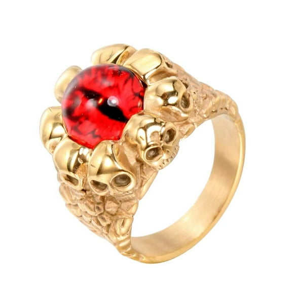 PAMTIER Men's Stainless Steel Vintage Gothic Punk Ghost Skull Head Evil Bloody Red Eye Biker Ring with CZ Demon Hell Skeleton Gold Size 7