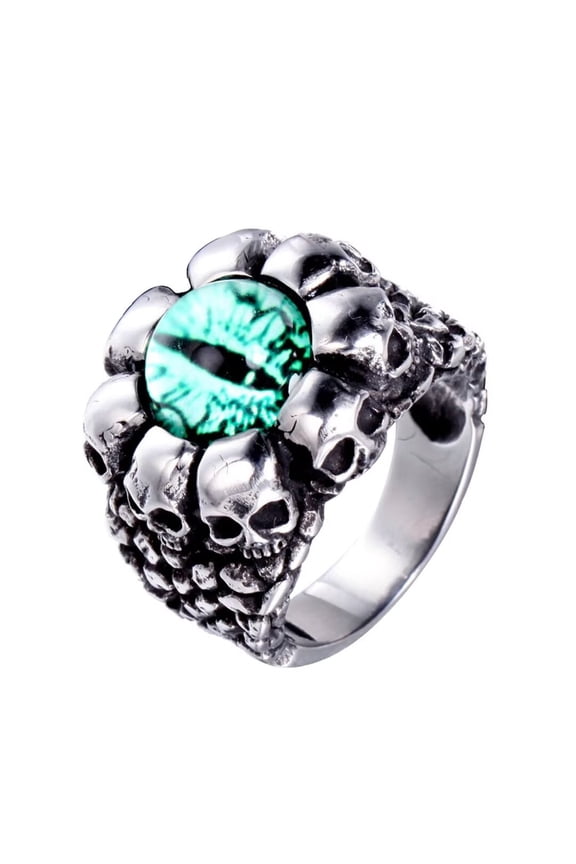 Men's Stainless Steel Vintage Gothic Punk Ghost Skull Head Evil Eye Biker Ring with Green Gemstone Demon Hell Skeleton Silver Size 12