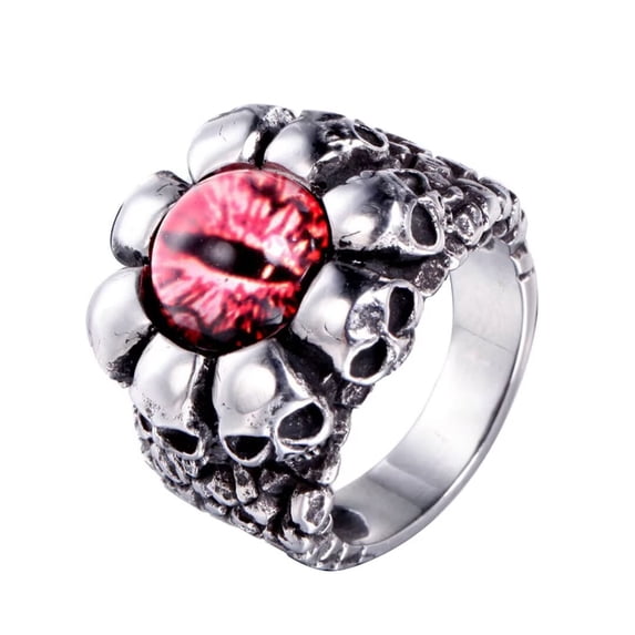 PAMTIER Men's Stainless Steel Vintage Gothic Punk Ghost Skull Head Evil Eye Biker Ring with Pink Gemstone Demon Hell Skeleton Silver Size 13