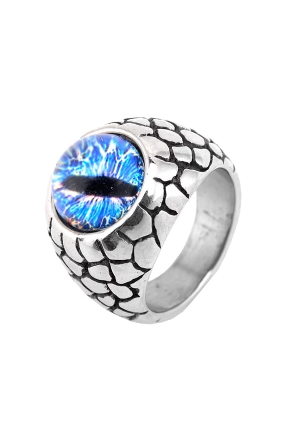 Men's Stainless Steel Vintage Gothic Punk Ground Crack Ghost Devil Hell Dragon Eye Ring Personality Statement Blue Silver Size 7