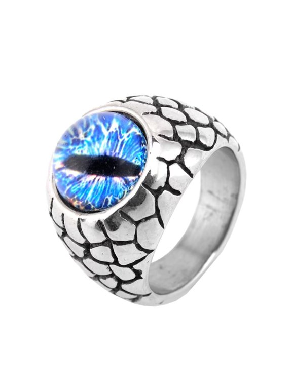 Men's Stainless Steel Vintage Gothic Punk Ground Crack Ghost Devil Hell Dragon Eye Ring Personality Statement Blue Silver Size 9