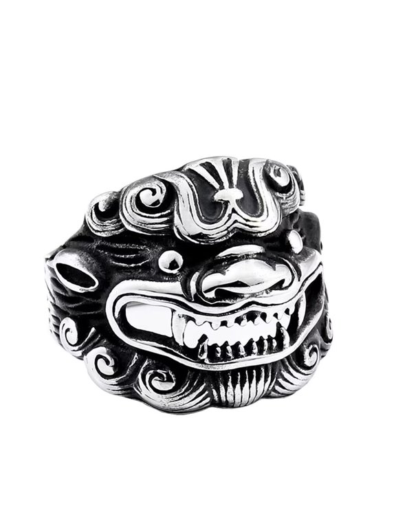 Men's Stainless Steel Vintage Guardian Beast Kirin Amulet Ring Ancient Chinese God Beast Good Lucky Silver Black Tone Size 8