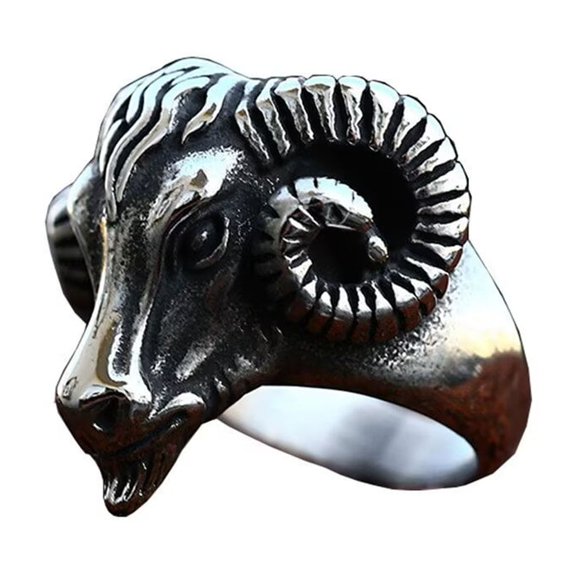 PAMTIER Men's Stainless Steel Vintage Hip Hop Devil Ghost Big Ram's Horn Goats Sheep Skull Head Biker Ring Skeleton Statement Silver Size 11