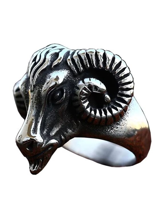 Men's Stainless Steel Vintage Hip Hop Devil Ghost Big Ram's Horn Goats Sheep Skull Head Biker Ring Skeleton Statement Silver Size 11