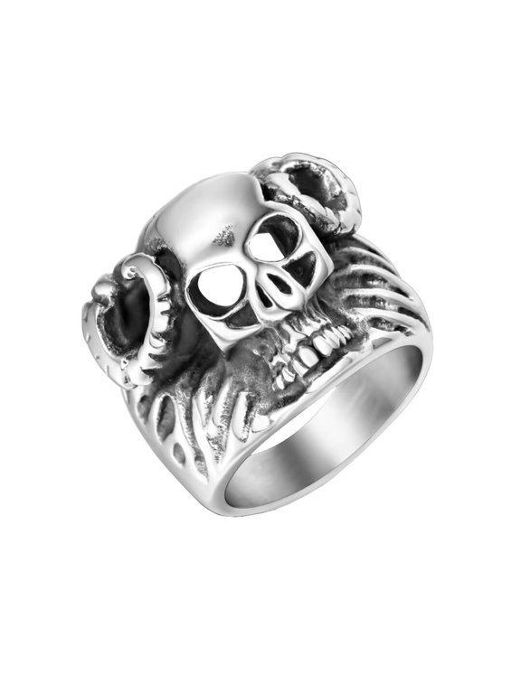 Men's Stainless Steel Vintage Hip Hop Silver Big Sheep Goat Head Skull Gothic Knight Ring Skeleton Ghost Punk Rock Aries Zodiac Size 11