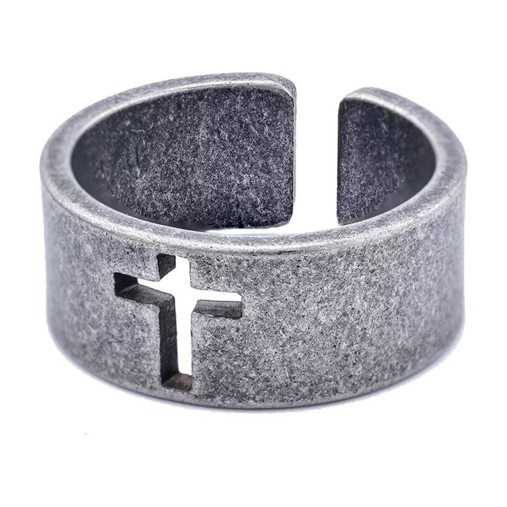 JAJAFOOK Men's Vintage Stainless Steel Jesus Cross Crucifix Ring - Silver Or Gold Tone, Adjustable Sizes