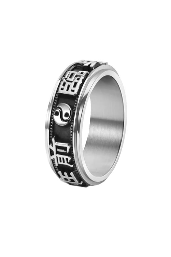 Men's Stainless Steel Vintage Nine Word Mantra Ring Rotatable Ring for Anxiety Chinese style Silver Size 8