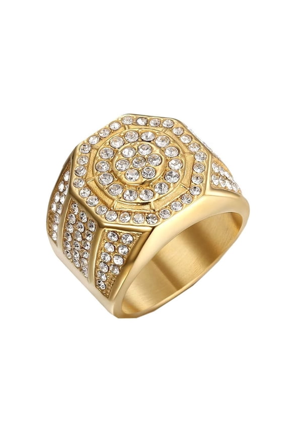 Men's Stainless Steel Vintage Octagonal Cubic Zirconia Inlay Ring Hip Hop Style Gold Size 11