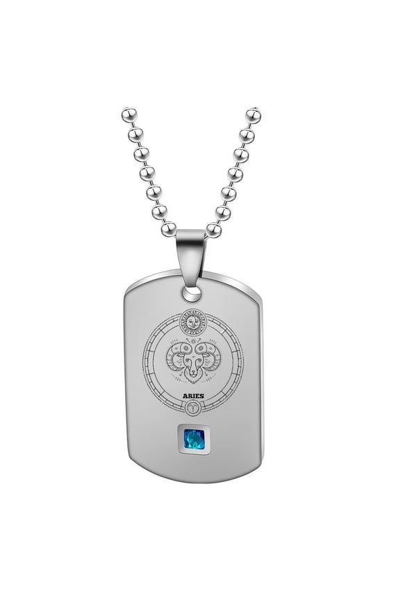 Men's Stainless Steel Vintage Personality 12 Constellation Horoscope Zodiac Dog Tag Pendant Necklace Blue Crystal Inlay Silver Aries