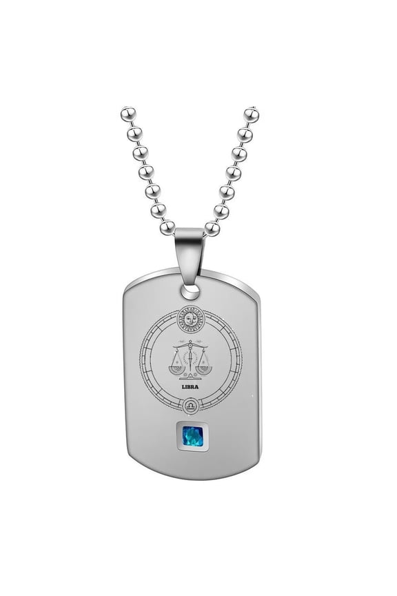 Men's Stainless Steel Vintage Personality 12 Constellation Horoscope Zodiac Dog Tag Pendant Necklace Blue Crystal Inlay Silver Libra