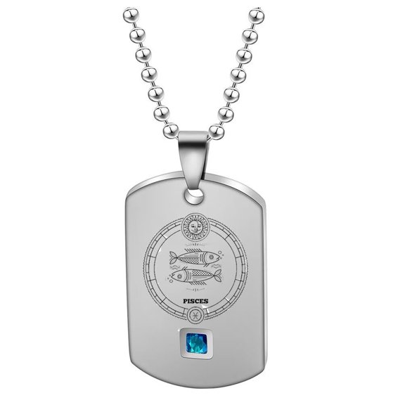 PAMTIER Men's Stainless Steel Vintage Personality 12 Constellation Horoscope Zodiac Dog Tag Pendant Necklace Blue Crystal Inlay Silver Pisces