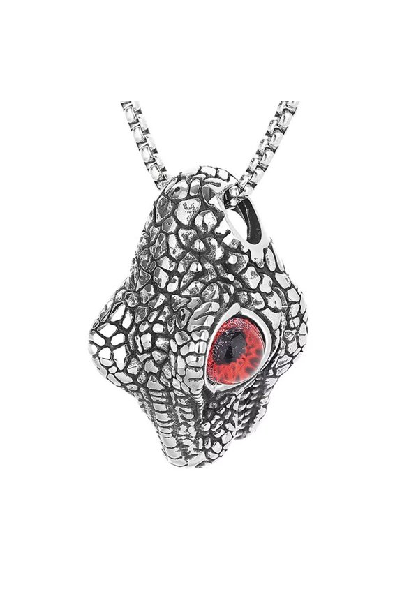 Men's Stainless Steel Vintage Personality Cool Punk Animal Tribe Roaring Crocodile Head with Devil Bloody Eye Gemstone Amulet Pendant Necklace Red