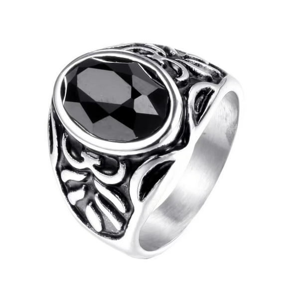PAMTIER Men's Stainless Steel Vintage Personality Oval Black Agate Gemstone Ring Princess Cut Crystal Charm Wedding Bands Silver Size 9