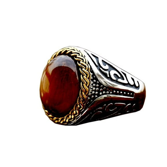 PAMTIER Men's Stainless Steel Vintage Personality Oval Cut Brown Synthetic Turquoise Gemstone Special Flower Pattern Inlay Biker Ring Silver Size 7