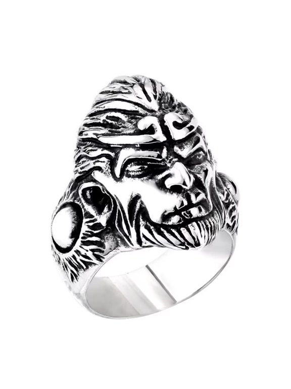Men's Stainless Steel Vintage Personality Punk Monkey King Orangutan Golden Hoop Mantra Sun Wukong Biker Ring Silver Size 12