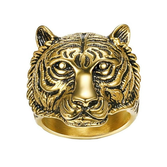 PAMTIER Men's Stainless Steel Vintage Personalized Creative Animal Tiger Head Punk Ring Gold Black Size 9