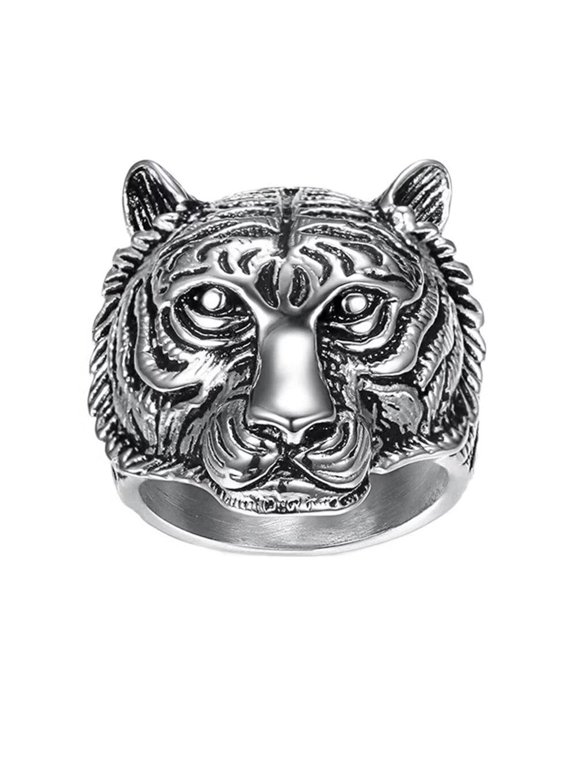 Men's Stainless Steel Vintage Personalized Creative Animal Tiger Head Punk Ring Silver Black Size 13
