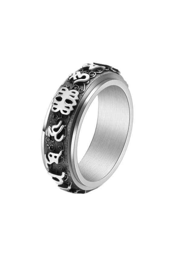 Men's Stainless Steel Vintage Pixiu Six Word Mantra Rotatable Ring Chinese style Silver Size 8