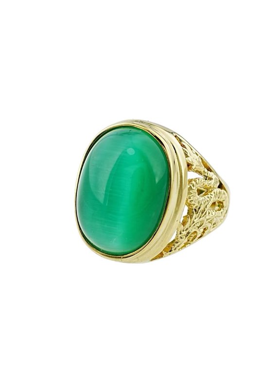 Men's Stainless Steel Vintage Punk Classic Oval Green Gemstone Signet Ring Cut Out Beast Dragon Pattern Carved Statement Gold Size 12