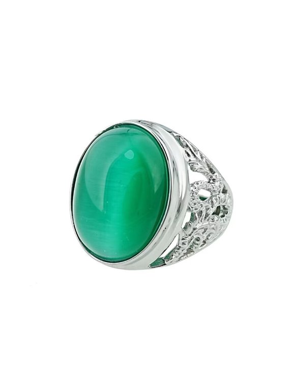 Men's Stainless Steel Vintage Punk Classic Oval Green Gemstone Signet Ring Cut Out Beast Dragon Pattern Carved Statement Silver Size 10