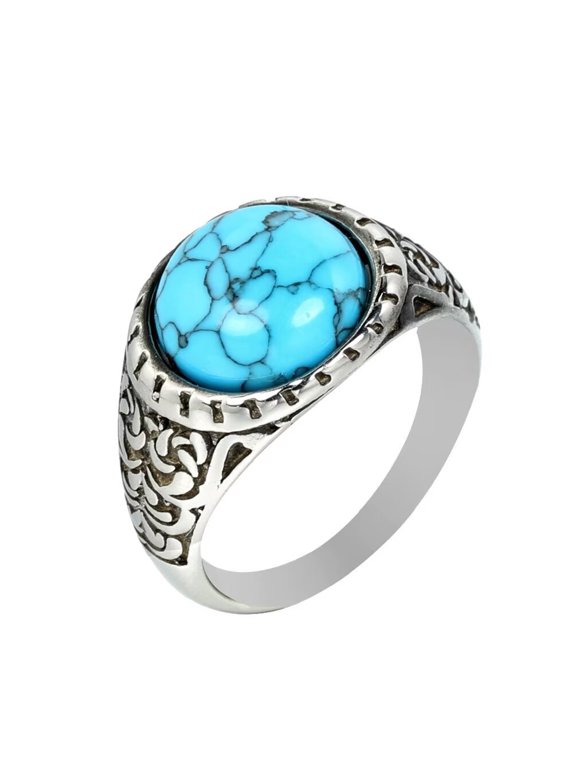 Men's Stainless Steel Vintage Punk Classic Round Blue Gemstone Signet Ring Special Flower Patter Carved Wedding Band Silver Size 10