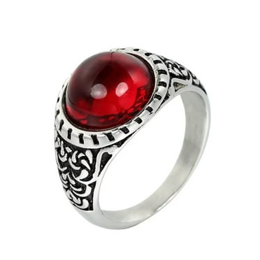 PAMTIER Men's Stainless Steel Vintage Punk Classic Round Red Gemstone Signet Ring Special Flower Patter Carved Wedding Band Silver Size 7