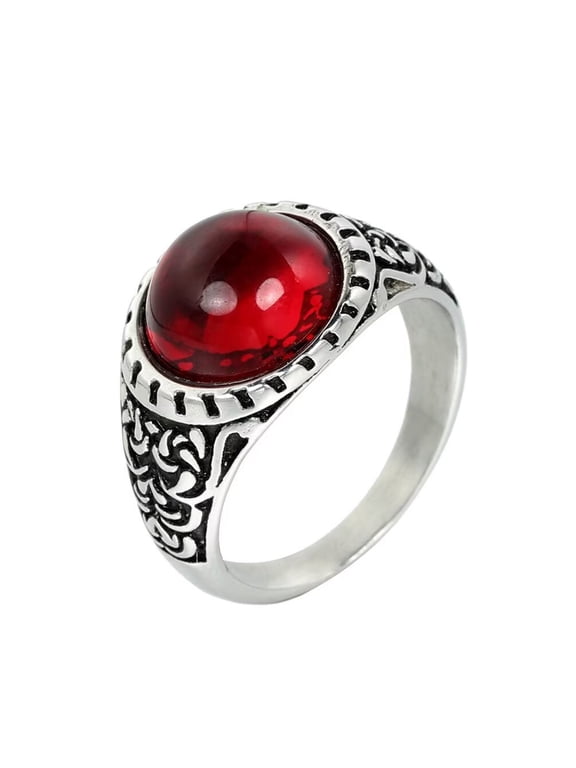 Men's Stainless Steel Vintage Punk Classic Round Red Gemstone Signet Ring Special Flower Patter Carved Wedding Band Silver Size 7
