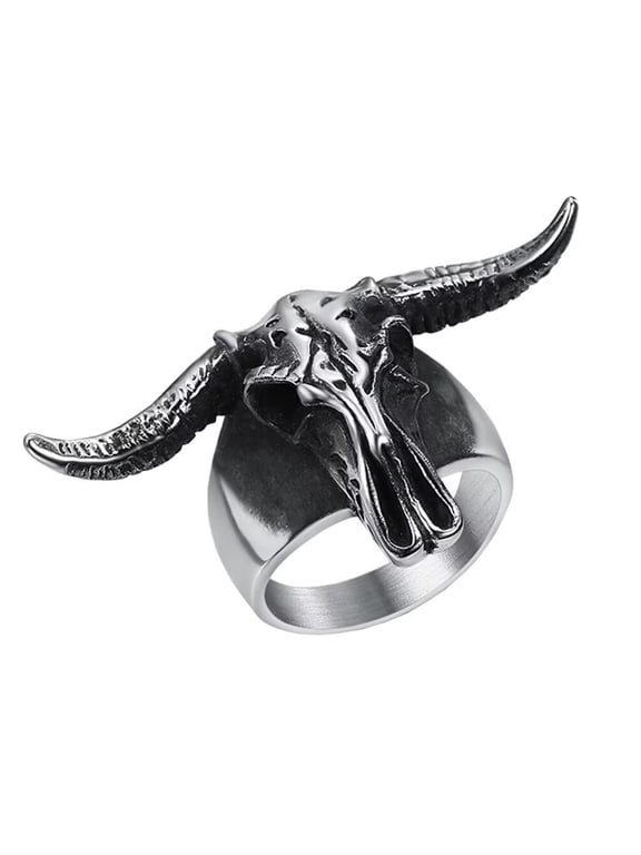 Men's Stainless Steel Vintage Punk Demon Goat Head Horns Skull Gothic Biker Ring Hell Devil Aries Zodiac Skeleton Antique Silver Size 10