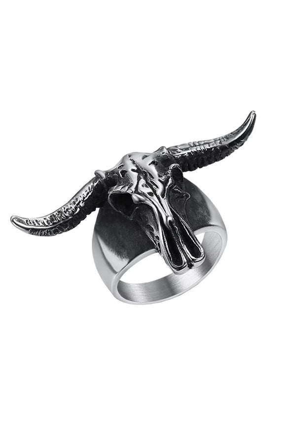Men's Stainless Steel Vintage Punk Demon Goat Head Horns Skull Gothic Biker Ring Hell Devil Aries Zodiac Skeleton Antique Silver Size 8