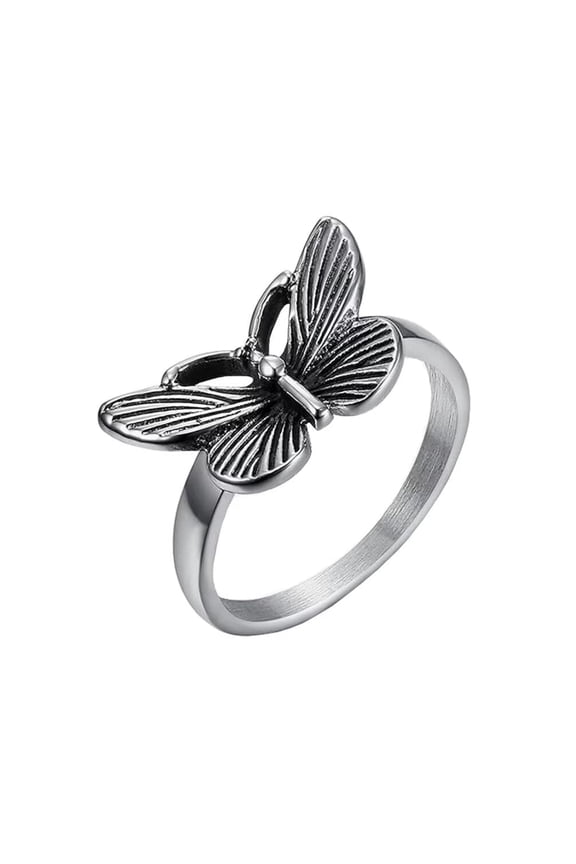 Men's Stainless Steel Vintage Punk Exquisite Cute Small Butterfly Flower Skeleton Signet Ring Promise Statement Band Silver Size 7
