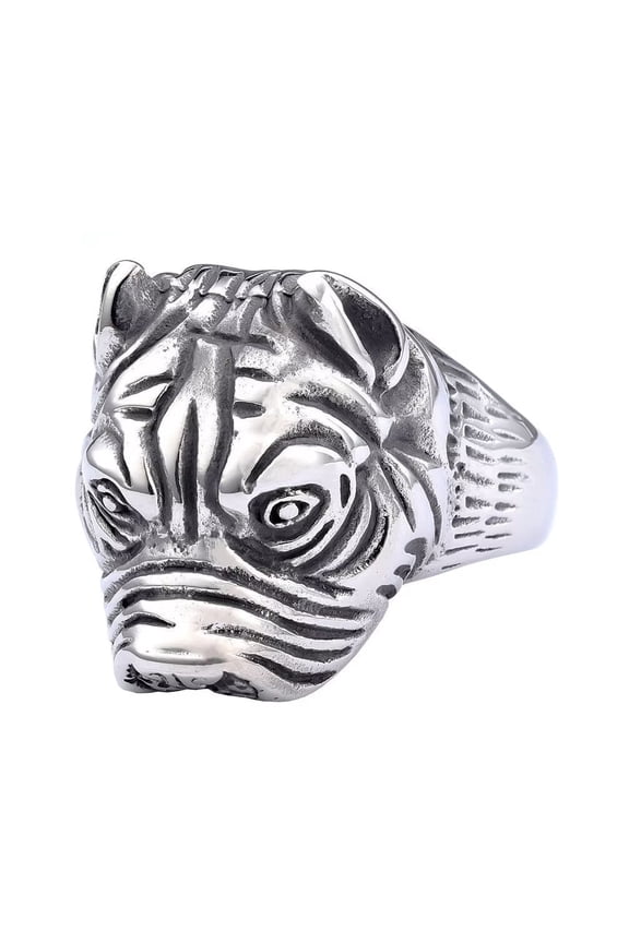 Men's Stainless Steel Vintage Punk Hip Hop Gothic Animal Tribal Pitbull Bulldog Pug Dog Head Skeleton Biker Ring Silver Size 13