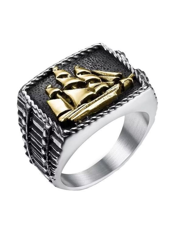 Men's Stainless Steel Vintage Punk Ocean Navigation Sailboat Lucky Signet Biker Ring Gothic Cool Travel Pirate Adventure Gold Size 12