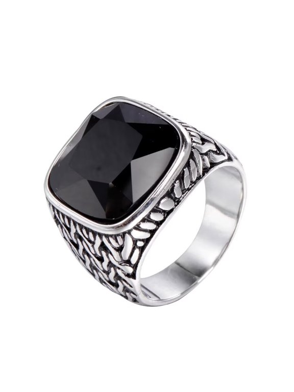 Men's Stainless Steel Vintage Punk Rock Domineering Personality Large Square Black Gemstone Signet Ring Simple Statement Silver Size 12